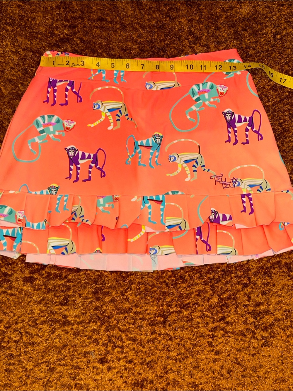 Tzu Tzu Coral Mini Skirt with Multicolor Monkey Motif - Picture 2 of 6